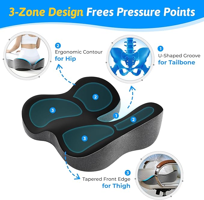 Seat Cushion for Tailbone & Sciatica Pain Relief – Certified & Ergonomist-Designed – Tapered Front Edge Reduces Thigh Pressure – Wide Memory Foam for Office Chair, Car, Wheelchair