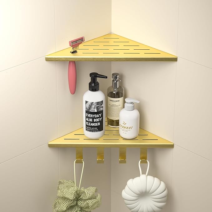 Corner Shower Shelf w/Hooks, Grout in Bathroom Shelves for Tiled Wall, 304 Stainless Steel Recessed Shower Shelf (Gold, 10''-2pcs)
