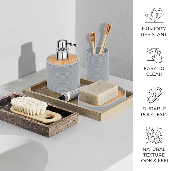 CERBIOR Bathroom Accessories Set 6 Piece Bamboo Bath Ensemble Includes Soap Dispenser, Toothbrush Holder, Toothbrush Cup, Soap Dish for Decorative Countertop and Housewarming Gift, Sriral Grey