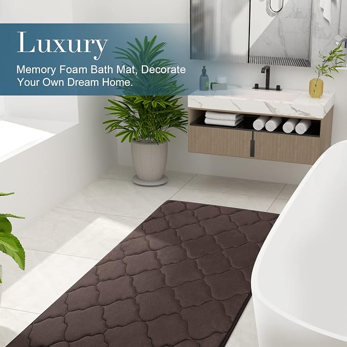 OLANLY Memory Foam Bath Mat Rug 47x32, Ultra Soft and Absorbent Bathroom Rugs, Non-Slip, Comfortable, Machine Washable Bath Carpet for Bathroom Floor, Tub, Shower and Home Decor Accessories, Brown