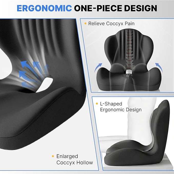 Ergonomic Seat Cushion, Office Chair Seat Cushions with L-Shaped Design, Memory Foam Orthopedic Cushion with Coccyx Hollow, Lumbar Support & Tailbone Pain Relief for Car, Truck, Gaming Chair (Black)