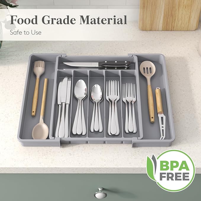 Lifewit Silverware Drawer Organizer, Expandable Utensil Tray for Kitchen, BPA Free Flatware and Cutlery Holder, Adjustable Plastic Storage for Spoons Forks Knives, 10.9"-17.5" x 13.7", Gray