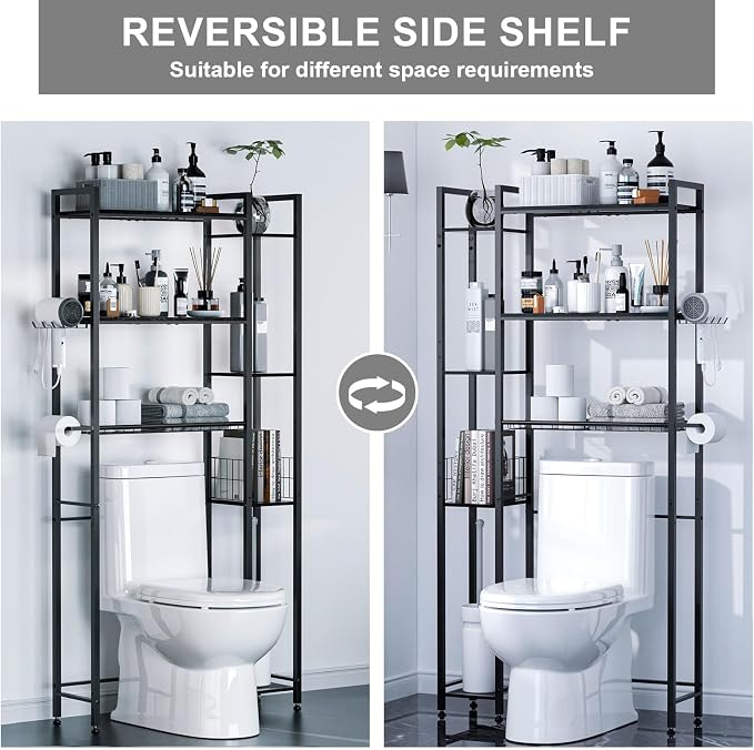 Over The Toilet Storage with Wooden Shelves and Side Rack, 7-Tier Black Over Toilet Bathroom Organizer Freestanding Storage Shelf for Toilet Paper, Towels, Toiletries, 31.5" Wide