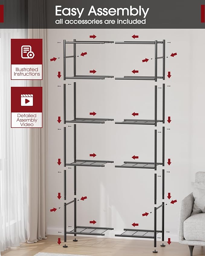 Sakugi Storage Shelves - 5 Tier Shelf Organizer, Sturdy Metal Garage Shelving with Adjustable Leveling Feet, Space-Saving Shelves Organizer for Pantry, Laundry, Kitchen (32" x 12" x 71", Black)