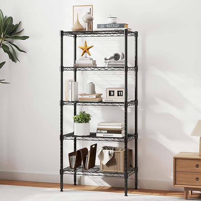 DUMOS 5-Tier Metal Wire Storage Shelves, Adjustable Standing Storage Rack Shelf, Heavy Duty Steel Shelving Unit Organizers for Kitchen Bathroom Pantry Garage, 23.2" Wx13.4 Dx59.8 H, Black