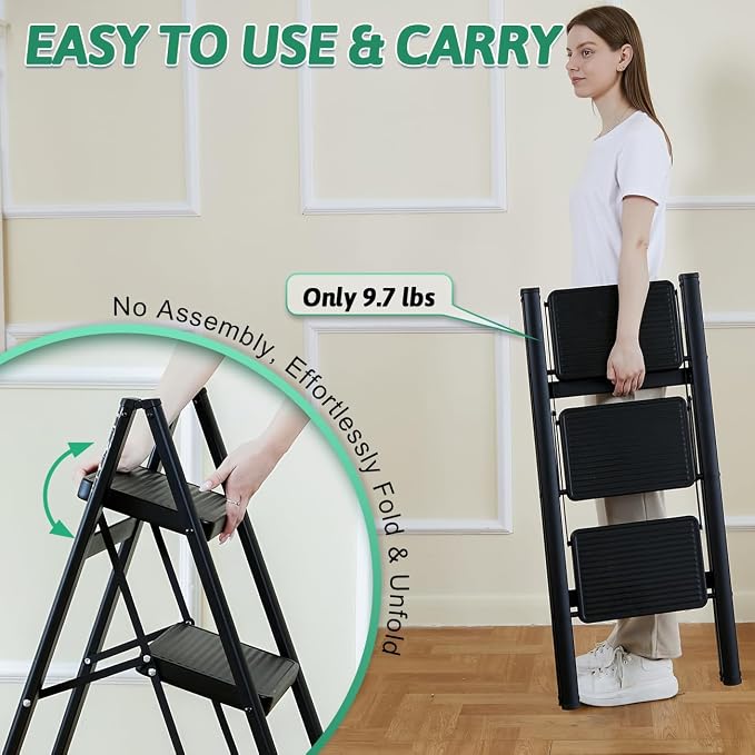 3-Step Folding Ladder, Heavy Duty Ladders for Home & Kitchen, Folding Ladder Easy to Store, Tall Ladder for Adults, Anti-Slip & Space-Saving Step Ladder, 330 Lbs Capacity