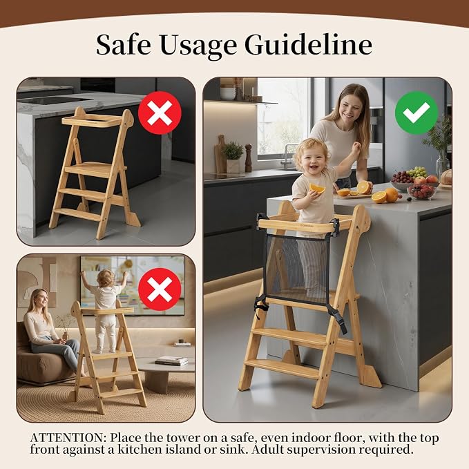 COSYLAND Foldable Kids Step Stool - iF Design Award Standing Tower with Safety Net & 2 Large Side Support Legs - Adjustable Height Toddler Ladder for Kitchen Counter/Bathroom Sink -(Natural)-Foldi