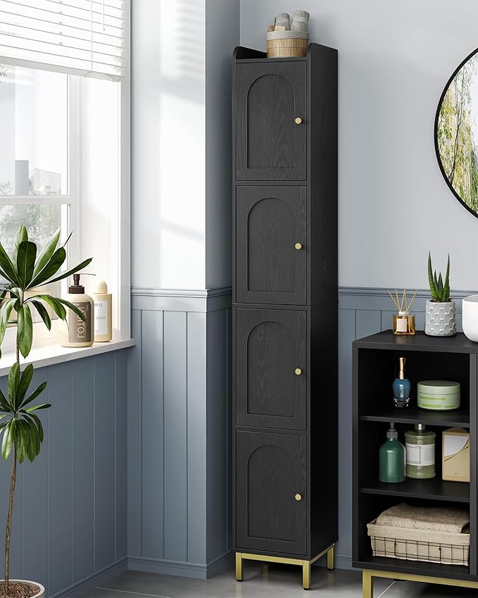 Hzuaneri 4-Tier Narrow Tall Storage Cabinet, Slim Bathroom Storage Cabinet with 4 Adjustable Feet and Shelves, Bathroom Organization for Small Space, Kitchen, Living Room, Laundry Room Black BC43304G