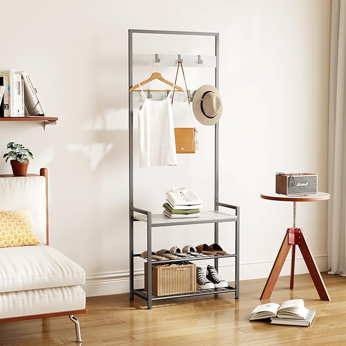 Hall Tree with Shoe Storage Bench - Entryway Bench with Coat Rack and Hooks - 3-in-1 Small Hall Tree for Entry Way, Entrance, Hallway, Doorway, Front Door, Mudroom, Small Space - Greige