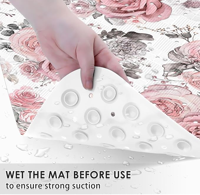 Pink Flower Leaves Bath Mat Non Slip, Floral Rose Spring 40 X 16 Inch Extra Long Bathtub Shower Mat for Tub Anti Slip with Suction Cups and Drain Holes for Kids Adults Elderly