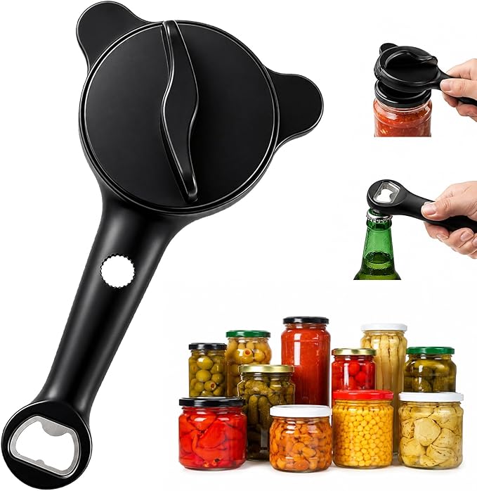 2 in 1 Adjustable Jar Opener for Seniors, Effortless Stainless Steel Lid Opener for Weak Hands & Arthritis, Multi-Function Bottle and Cans Opener, Unique Father's Day Gifts for Men (1PC) (Black)