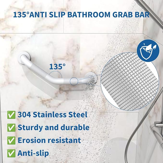16 Inch Angled Shower Grab Bar White, Munzong 2 Pack Anti Slip Bathroom Grab Bar, Knurled Bathroom Balance Bar,Safety Hand Rail Support Handicap Elderly Injury Senior Assist Bath Handle-1.25” Tube