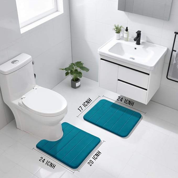 Yimobra U-Shaped Toilet Bath Mat Set 2 Piece - Soft Absorbent Quick Dry Memory Foam Bathroom Rugs, Machine Washable Non Slip Floor Carpet for Tub Shower & Single Sink (17x24 & 24x20, Peacock Blue)