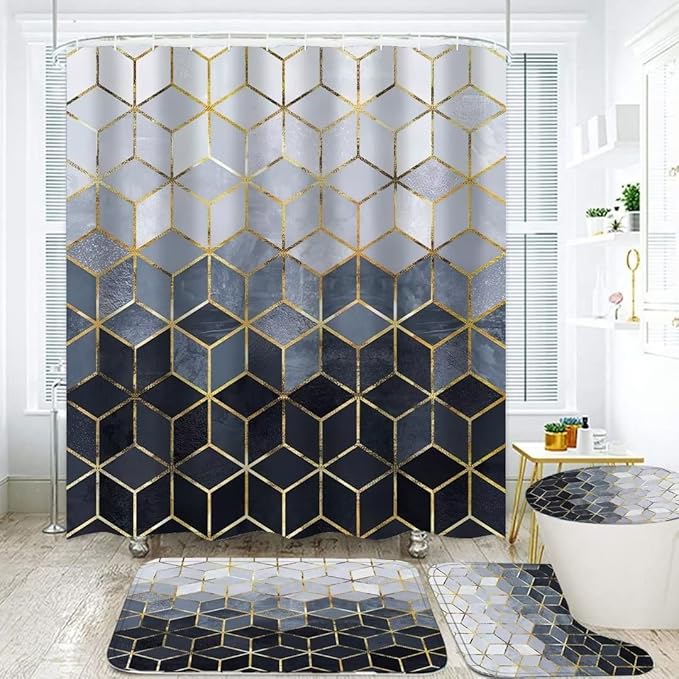 LQCOOL 4Pcs Blue Gradient Shower Curtain Set Modern Geometric Shower Curtain Set Golden Cubic Lines Bathroom Set (Blue)…
