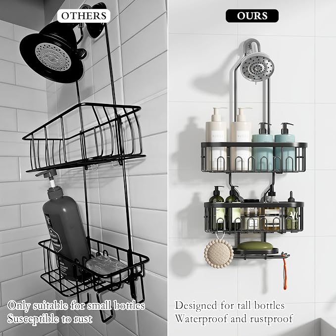 CICUFY Shower Caddy Hanging, Rustproof Bathroom Shower Organizer Hanging, No Drilling Over the Shower Head Caddy with Hooks for Razor, Shower Shampoo Holder with Soap Basket, Black