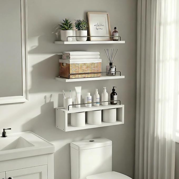 LANDNEOO Floating Shelves for Wall with Cube Shelf, Set of 3 Wood Bathroom Shelves Over Toilet for Storage, Wall Mounted Organizer with Metal Rail for Restroom Decor and Toilet Paper, White