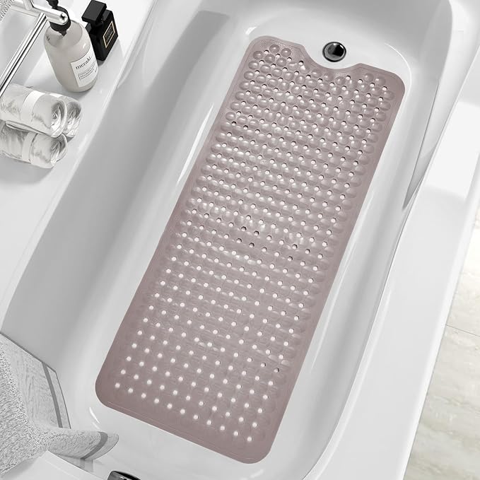 MOONFLY Shower and Bathtub Mat,40x16 Inches,Extra Long Non Slip Mats with Suction Cups and Drain Holes, Machine Washable and Anti Slip Bathmats, Bathroom Mats for Tub Nonslip (Tan)