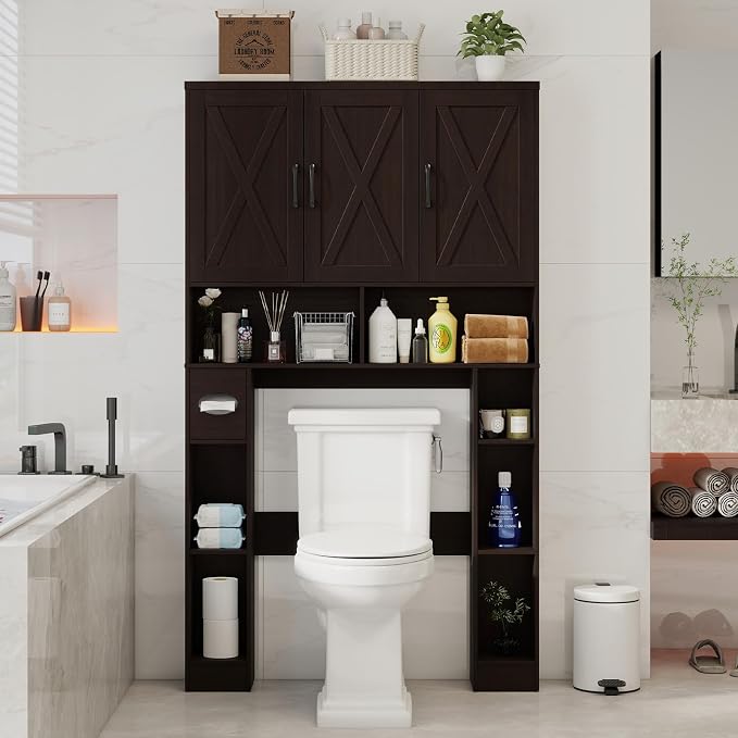 Over The Toilet Storage Cabinet, Farmhouse Toilet Cabinet Rack with 3 Barn Doors, Space Saving Bathroom Organizer with Shelves, Toilet Paper Holder and Towel Rack for Bathroom,Restroom.(Walnut).