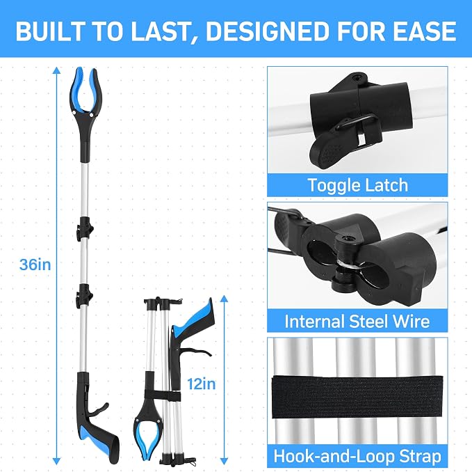 Grabber Reacher Tool for Seniors,36" Foldable Reacher Grabbers Pickup Stick with Anti-Slip 360° Rotating Jaw，with Magnet for Disabled, After Surgery Recovery (Blue, 36Inch 1 Pack)