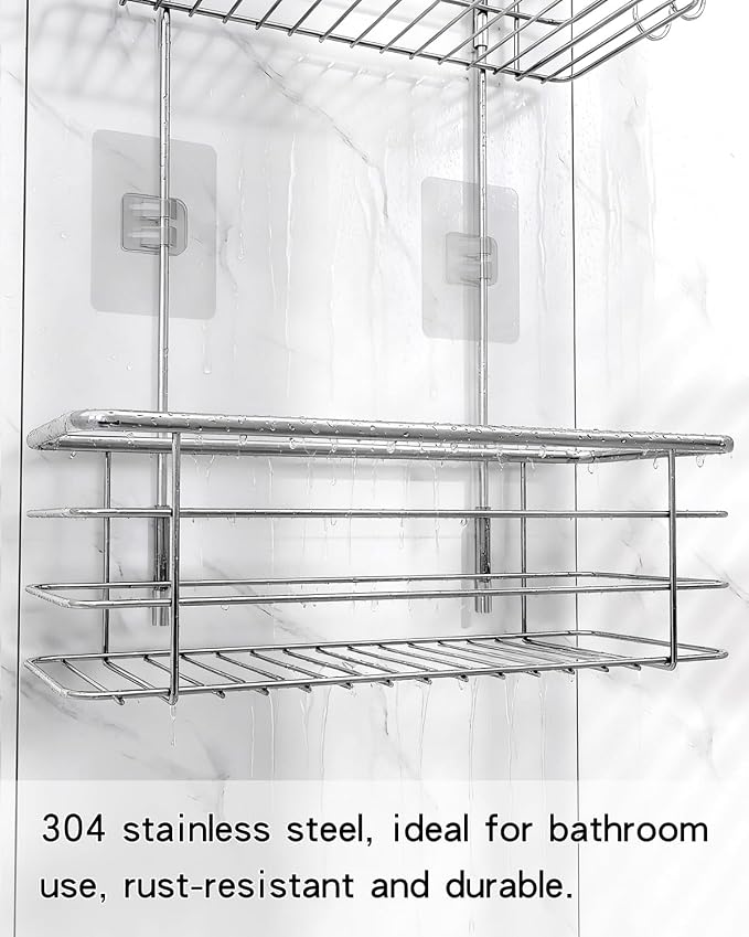 Hanging Shower Caddy, Stainless Steel, 2-Tier Bathroom Organizer Rack over Shower Head with 2 Hooks for Razor and Sponge