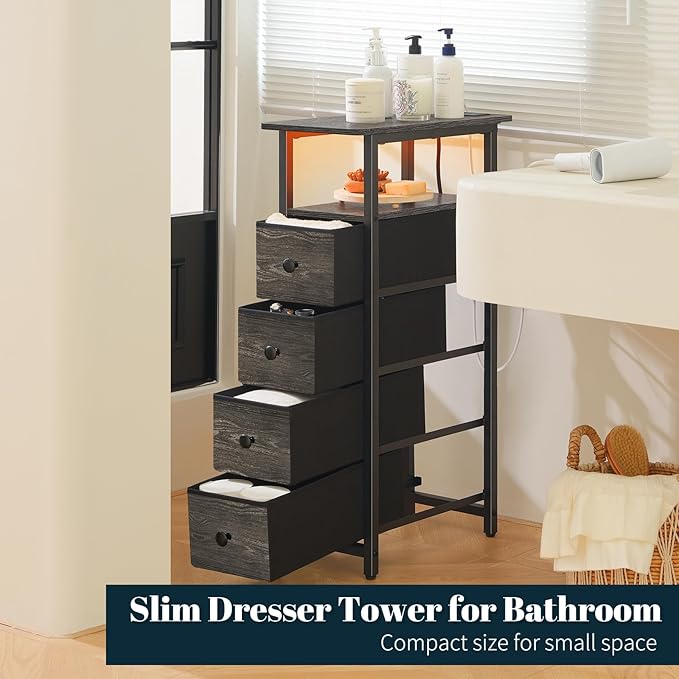 Yoobure LED Narrow Nightstand with Charging Station - Slim Dresser for Bedroom Narrow Side Table Storage Cabinet, Small Dressers Chest of Drawers, Tall Skinny Night Stand End Table for Small Spaces
