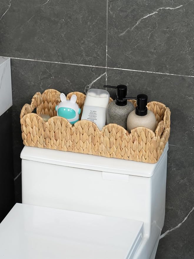 Coeusy 2 Pack Toilet Baskets,Scalloped Edge Wicker Basket for Toilet Paper Storage,Small Baskets for Bathroom,Living Room,Countertop,Shelves,Both Organizer & Decor,Natural Water Hyacinth