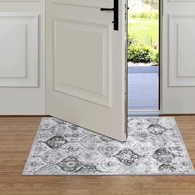 Lahome Moroccan Trellis Washable Rug, 2x3 Kitchen Rugs for Entryway Bathroom, Non-Slip Indoor Door Mat Ultra-Thin, Small Oriental Throw Carpet for Bedroom Entry Elise, Silver/Grey