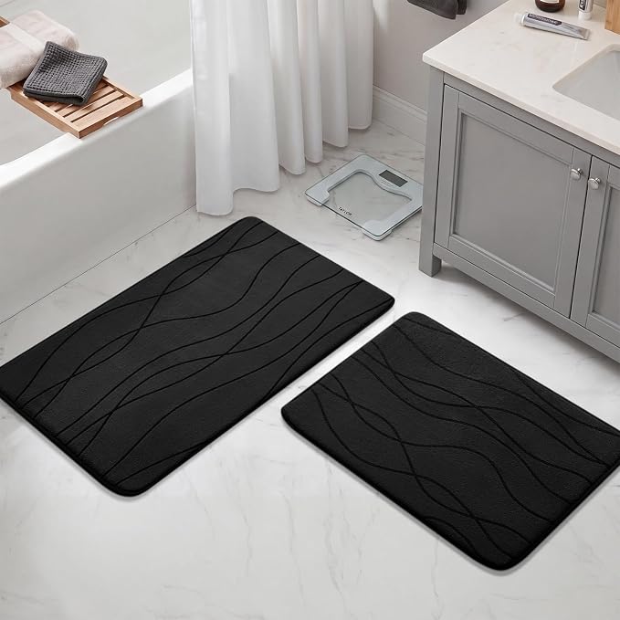 YIHOUSE Memory Foam Bathroom Rug Sets, Black, 17"x24"+20"x32", 2 Piece | Ultra Soft, Absorbent, Non-Slip, Machine Washable