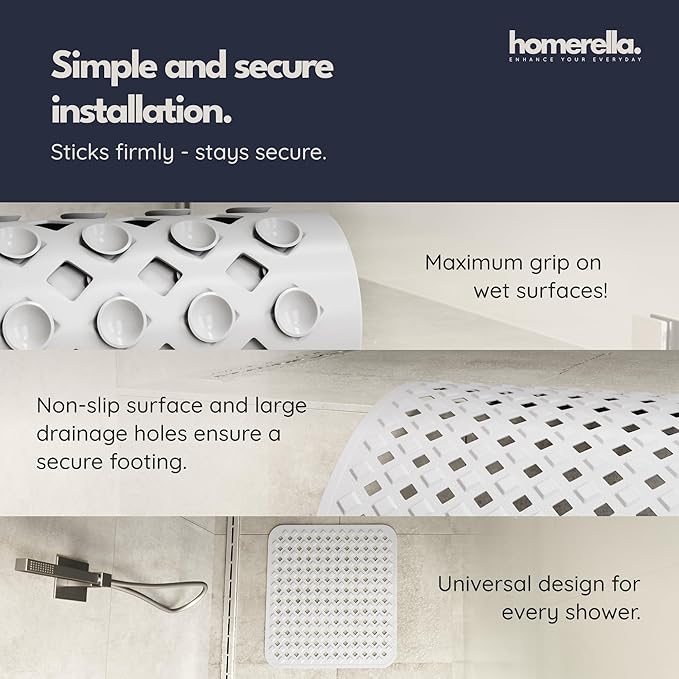 homerella® Shower Mat Non Slip Anti Mold, Non Slip Shower Mats for Inside Shower Stall Anti Slip Mat, Square Shower Floor Mat 21 x 21 in with Suction Cups & Hooks for Quick Drying, Machine Washable