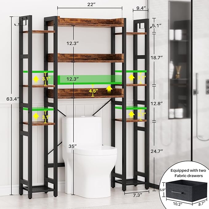 Besiost Over The Toilet Storage, 11 Tier Bathroom Organizer with Dual Side Racks and 2 Fabric Drawers, Adjustable Freestanding Rack Space Saver for Small Spaces, Rustic Brown