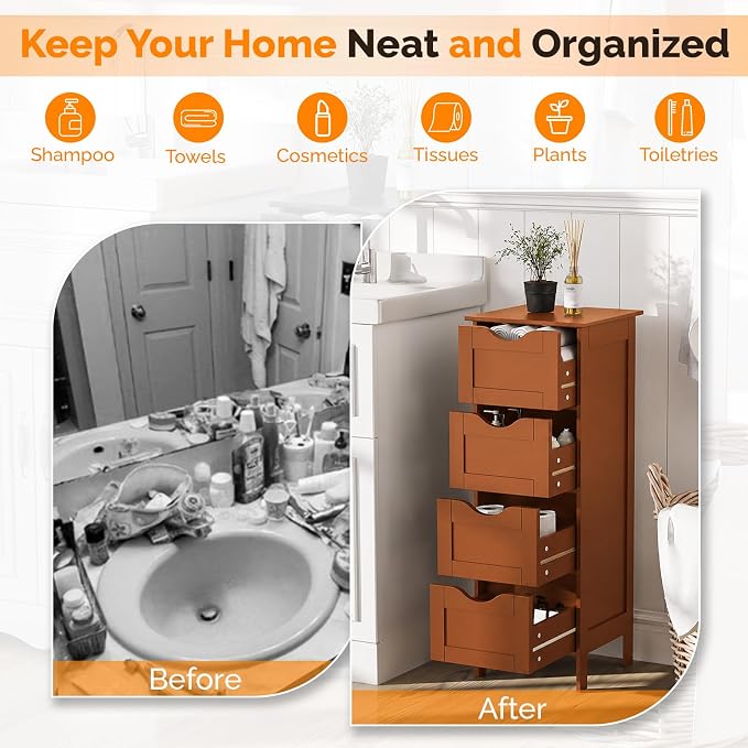 Bonnlo Skinny Bathroom Floor Storage Cabinet,White 12 Inch Wide Deep Small Storage Organizer with 4 Drawers, Brown Wooden Modern Thin Free Standing Tower Cabinet for Bathroom, Living Room