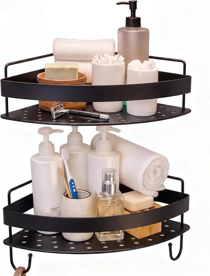 Corner Shower Shelves, 2-Tier Black Shower Candy with 4 Hooks, Stainless Steel Bathroom Shower Organizers, Wall Mounted Caddy Shelves No Drilling with Adhesive, Triangle Storage Shelf for Toilet