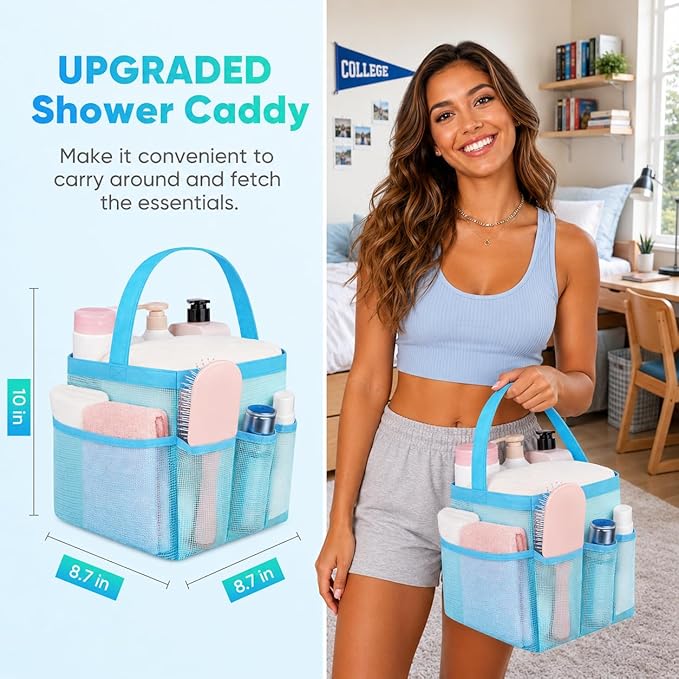 Attmu Mesh Shower Caddy Portable for College Dorm Room Camping Essentials, Shower Caddy Dorm with 9-Pockets, Large Capacity Hanging Basket Bathroom Bag for Toiletry, Swimming, Gym, Camp, Beach
