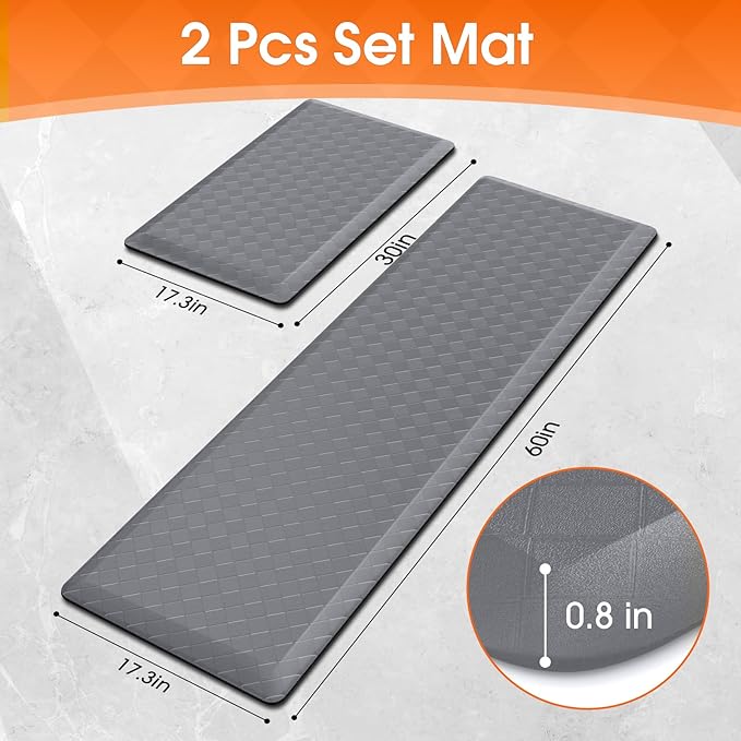 TranquilRelax 4/5 Inch Thick 2-Piece Anti-Fatigue Kitchen Mats, Cushioned Non-Slip Waterproof Sink & Stove Floor Mats, Comfortable Standing Rug Set for Kitchen, Laundry & Entryway, Grey