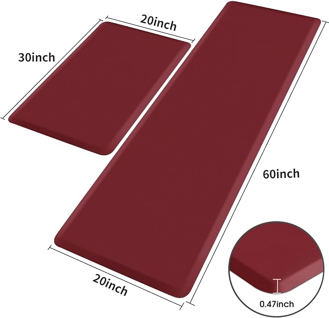 HappyTrends 2 PCS Kitchen Mat Cushioned Anti-Fatigue Floor Mat, Heavy Duty Ergonomic Comfort Foam Standing Mat, Waterproof Non-Slip Kitchen Rugs for Home, Office(20"x30"+20"x60",Red)