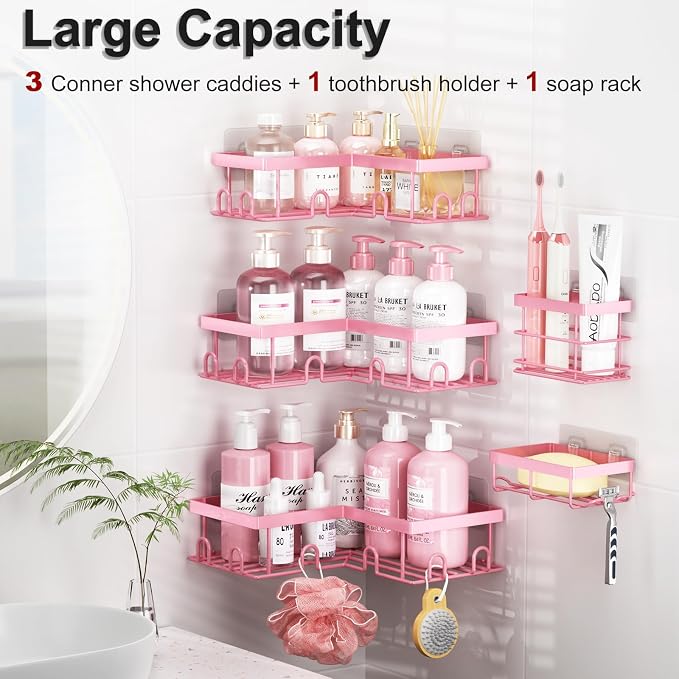Liuoud Corner Shower Caddy 5 Pack, Rustproof Stainless Steel Shower Organizer with Soap Rack Toothbrush Holder, Large Capacity Adhesive No Drilling Bathroom Kitchen&Home Decor Set, Pink