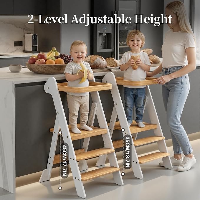 COSYLAND Foldable Standing Tower – IF Design Awarded Toddler Kitchen Step Stool with Safety Net & Large Side Support Legs– Height Adjustable Toddler Learning Helper Stool (White & Natural)-Foldi