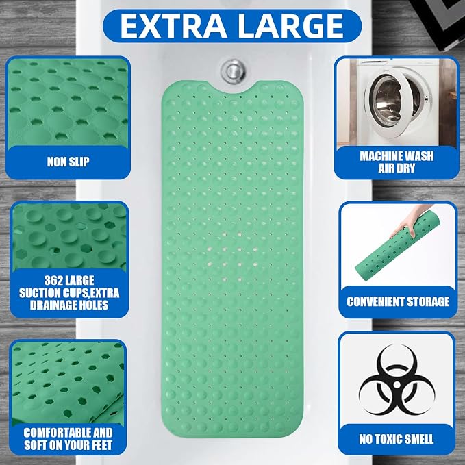 ZHICHENG Bath Tub and Shower Mats, Non-Slip 39 x 16 Inch Extra Long Bath Mat, Machine Washable Bathtub Mat with Drain Holes, Suction Cups for Bathroom (Green)
