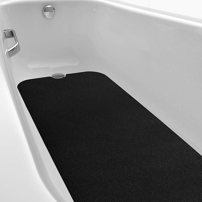 Dunzoom 16" x 40" Non Slip Bathtub Mat with Drain Cut Out Non Skid Safety Bath Mat Adhesive Peel and Stick Bath Tub Mat Arc Angle PEVA Tub Anti Slip Stickers for Shower Floor Wet Areas(Black)