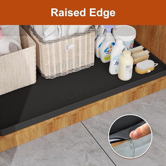 ukeetap Extra Thick Silicone Mat Waterproof with Raised Edge 22" x 19", Under Sink Mat for Kitchen & Bathroom, Kitchen Cabinet Liner, Multi-Purpose for Storage & Protection, Black