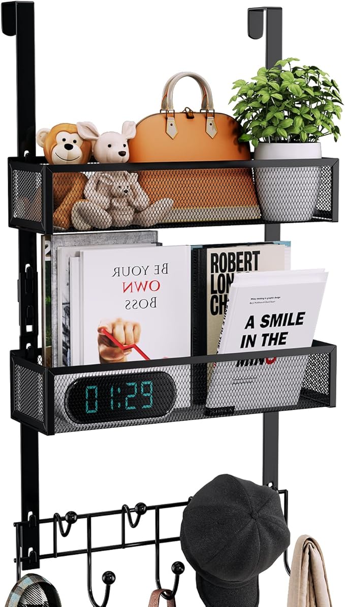 Consumest Over The Door Hooks Organizer - 3 Tier Door Hanger with 9 Coat Hooks & 2 Mesh Basket, Back Storage Organizer Hanging Towels for Bathroom, Bedroom, Black