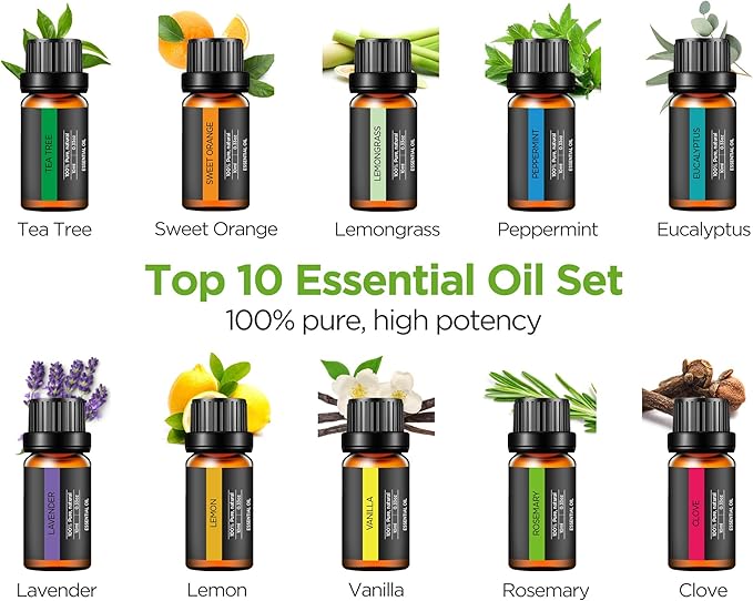 InnoGear Aromatherapy Diffuser & 10 Essential Oils Set, 400ml Diffuser Ultrasonic Diffusers for Home Cool Mist Humidifier with 4 Timers 7 Colors Light Waterless Auto Off, Dark Wood Grain
