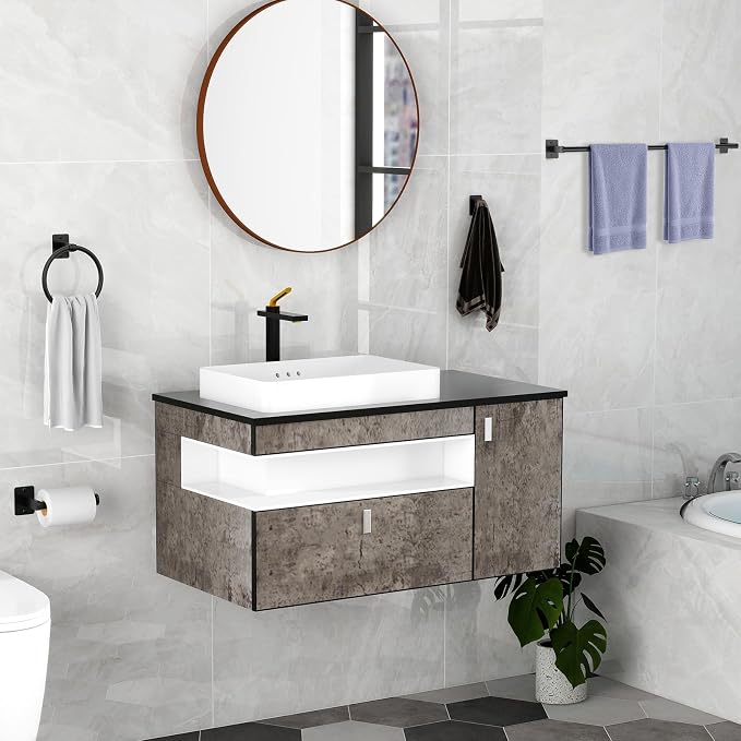 KLJKPA 4 Pieces Bathroom Hardware Set, 32 inch Towel Bar, Matte Black Bathroom Accessories Set, Towel Racks for Bathroom, Robe Towel Hooks, Toilet Paper Holder Wall Mounted