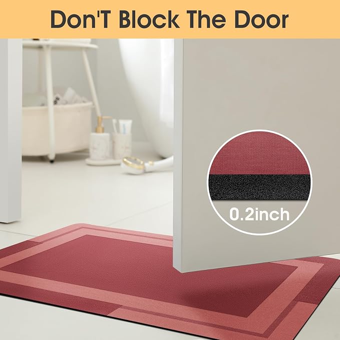 ACCUMTEK Non Slip Bath Mat, Thin Bathroom Rugs Fit Under Door, Quick Dry Bath Mats, Machine Washable Bath Rugs for Bathroom, Bathtub & Kitchen, Red/Bordered/32 x20
