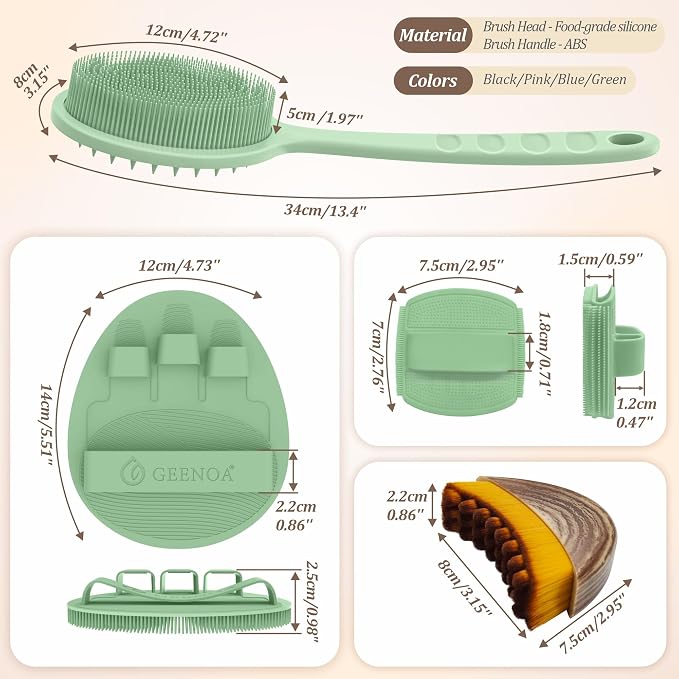 Silicone Back/Body/Face Scrubber & Lymphatic Contour Face Brush Set 4PCS, 13.4'' Soft Back Scrubber, 360° Anti-Slip Bath Glove, Unique Side-bristled Face Scrubber for All-Round Cleaning(Green)