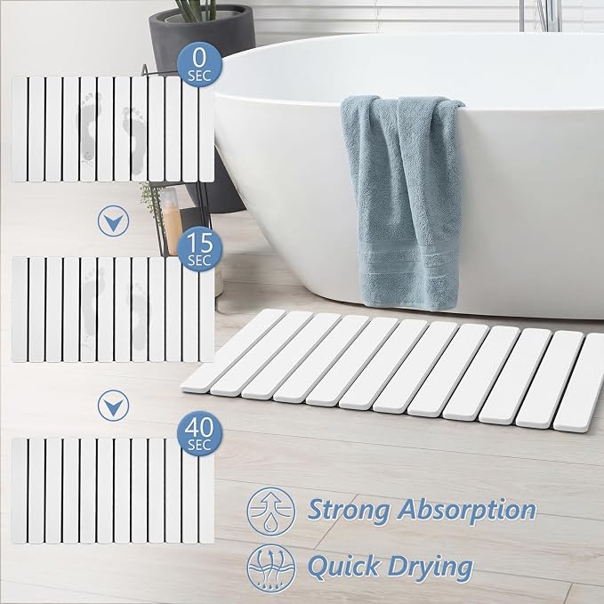 AWW Foldable Stone Bath Mat, Quick Dry Diatomaceous Earth Bath Mat with Non-Slip Mat, Super Absorbent, Easy to Clean, Compact for Small Bathrooms, 31.5 x 15.7, White