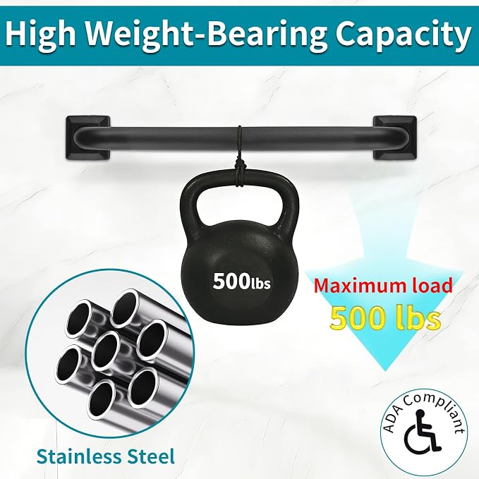 Shower Grab Bars for Seniors, 12 Inch Square Matte Black Bathroom Handle for Wall, 304 Stainless Steel Anti Slip Bathtub Safety Bar, ADA Compliant 500 LBS Hand Rail for Elderly, Handicap