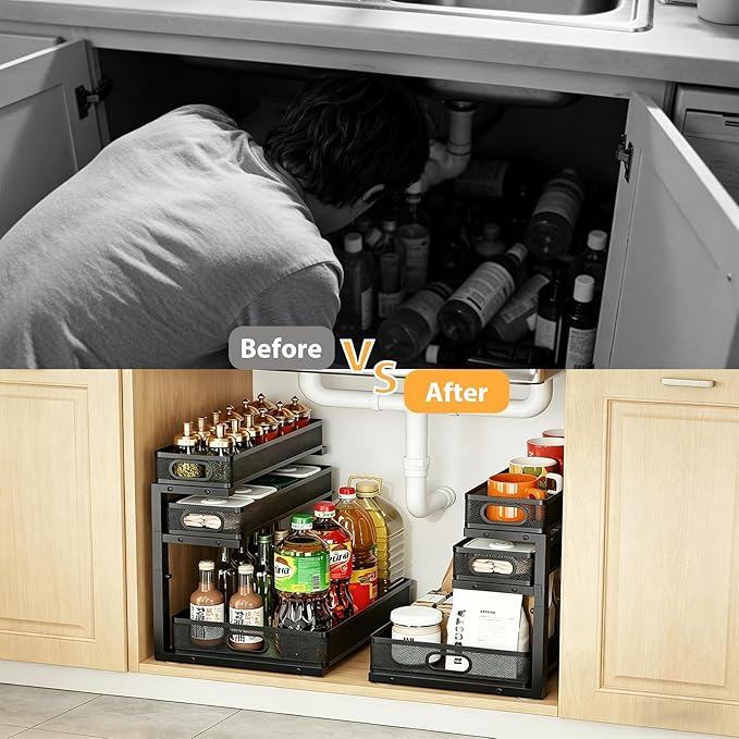 2 Pack Under Sink Organizer, 3-Tier Pull Out Kitchen Cabinet Organizer, Height Adjustable Metal Slide Out Bathroom Storage Makeup Drawer Rack for Bedroom Office Laundry Pantry Home Organization, Black