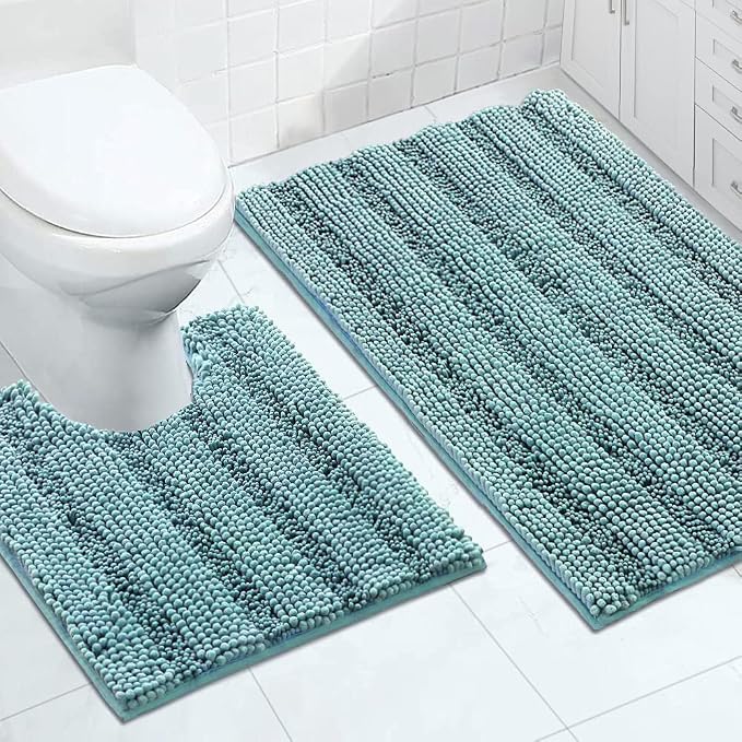 Turquoize Chenille Bathroom Rugs Set Non-Slip Bath Mats for Bathroom Super Absorbent Shaggy Rugs for Tub Shower Toilet Plush Bath Rug Plus U Contour Rug (Oversized: 24" x 36" and 20" x 24" U), Aqua