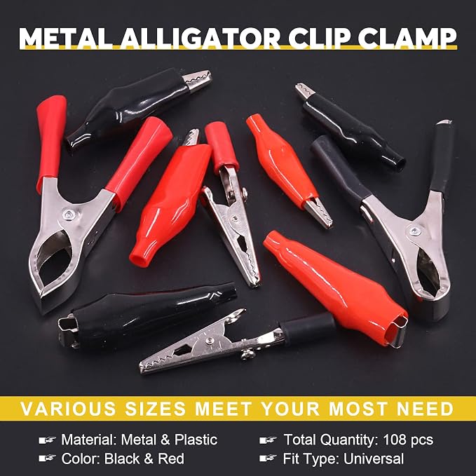 108 Pcs 10 Type Metal Alligator Clip Clamp Assortment Kit Red Black Crocodile Electrical Test Clamps Connector Jumper Helper with Protective Insulation Cover
